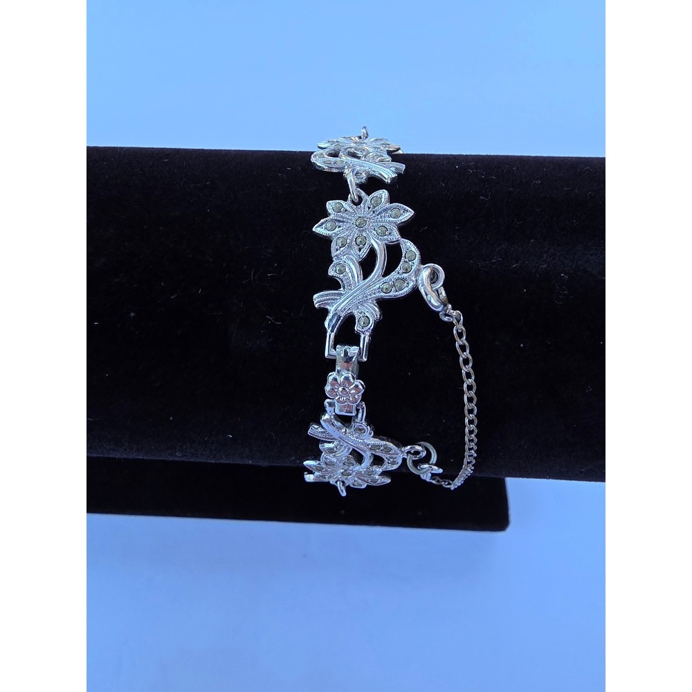Vintage Marcasite Floral Ribbon Link Bracelet Silver Tone Safety Chain 7.25in